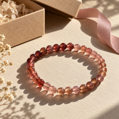 Strawberry quartz bracelet beside a kraft gift box and pink ribbon