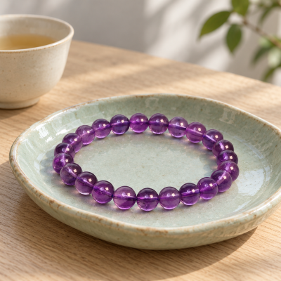 Uruguay amethyst bracelet on a pale green ceramic plate