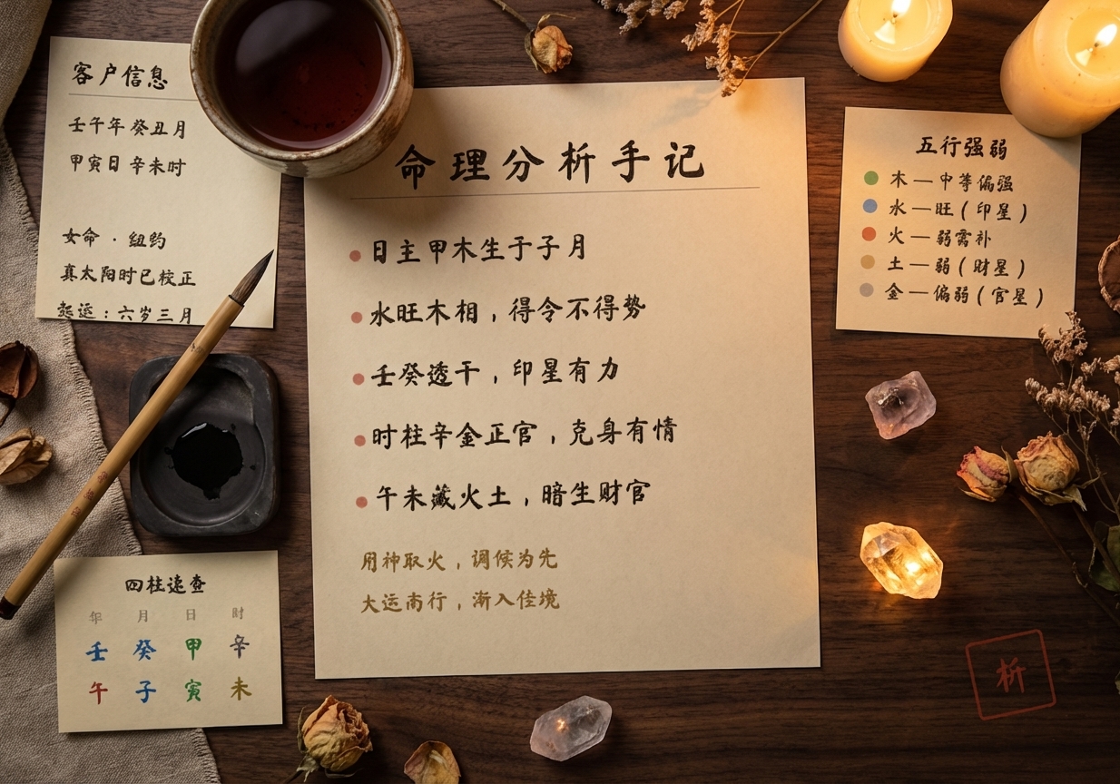 Practitioner's workspace: classical texts, ink brush, handwritten BaZi analysis notes