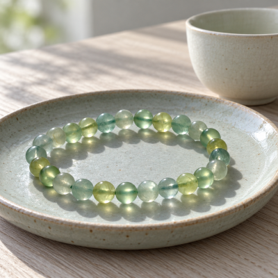 Prehnite bracelet on a pale green ceramic plate