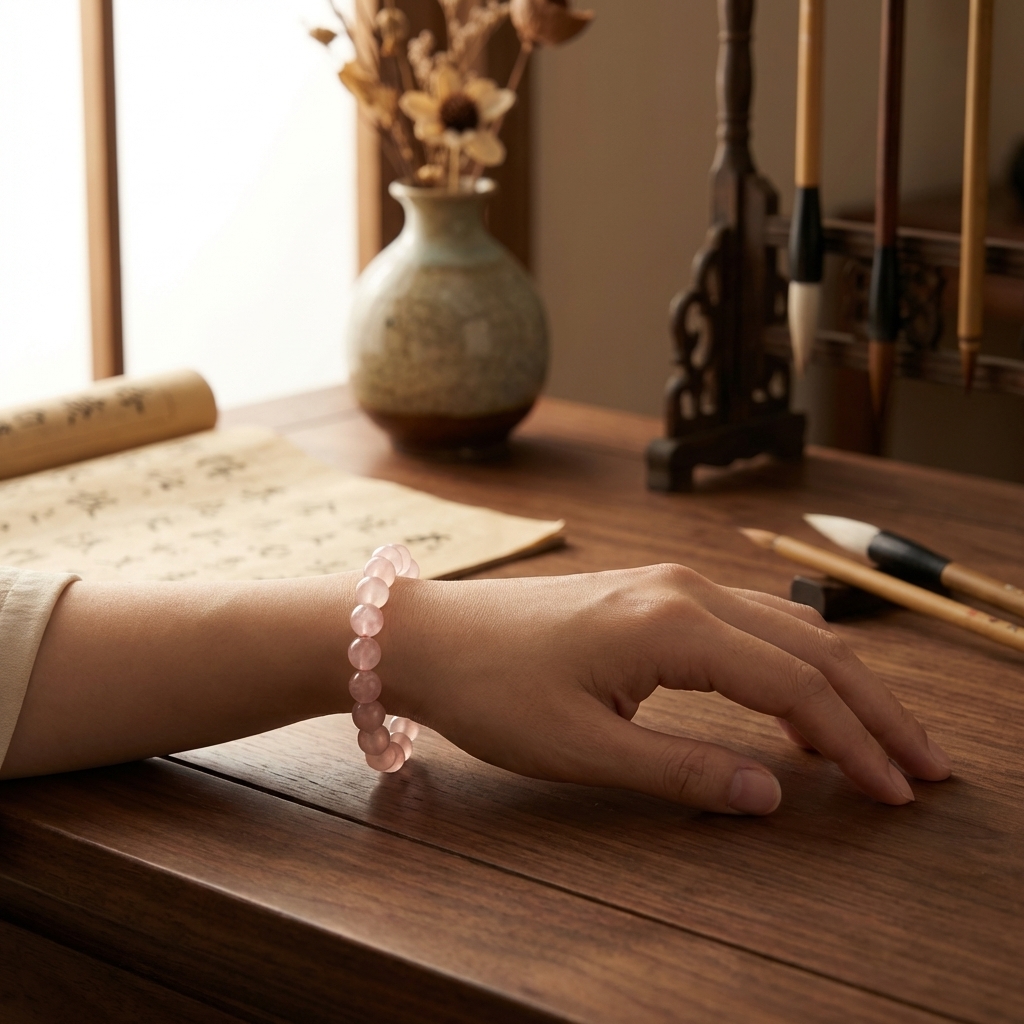Pink grapefruit crystal bracelet on wrist
