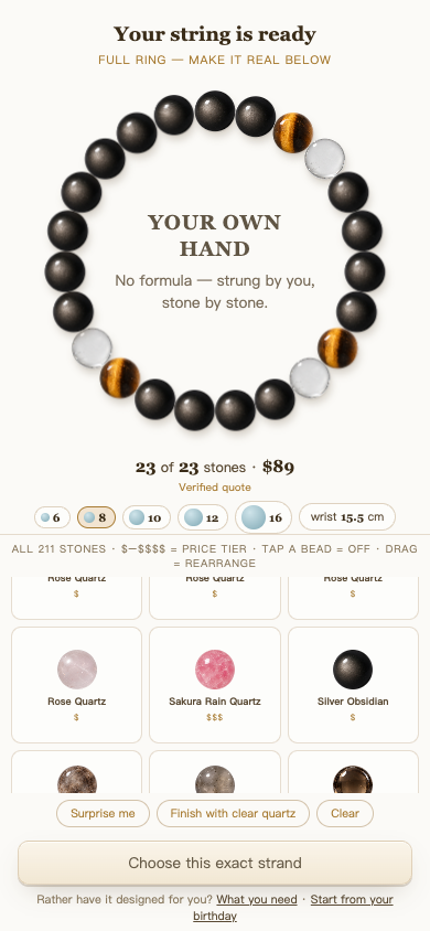Three gold accents: 17 obsidian, 3 tiger eye and 3 clear quartz. The complete strand was again quoted at $89.