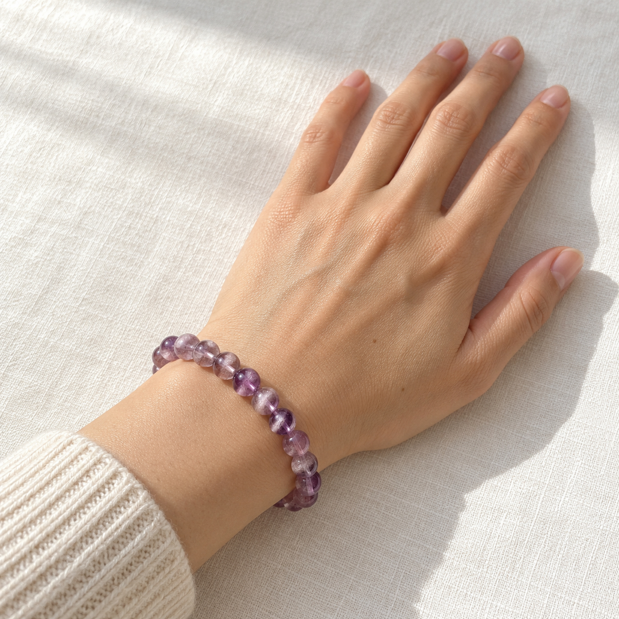 Purple Rabbit Hair Crystal Bracelet — on the wrist