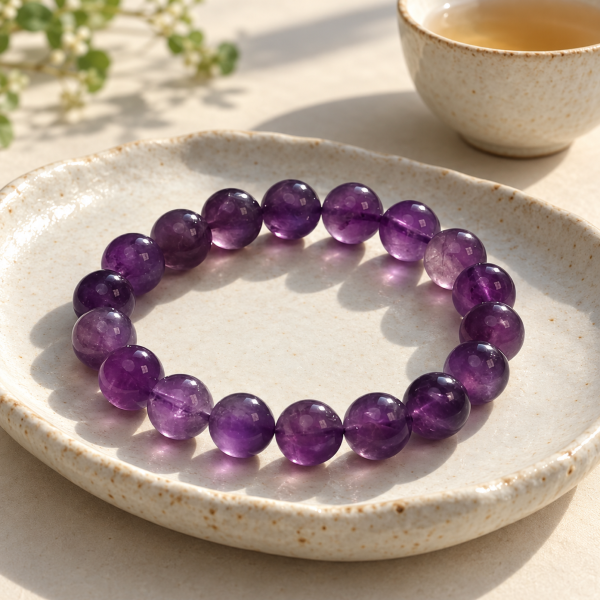 Amethyst bracelet on a ceramic plate beside a cup of tea
