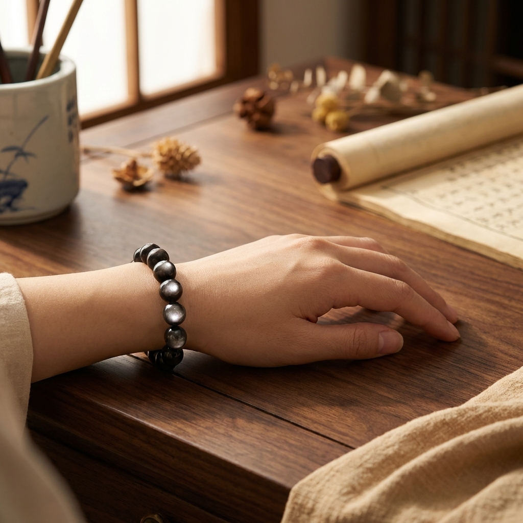 Silver sheen obsidian bracelet on wrist