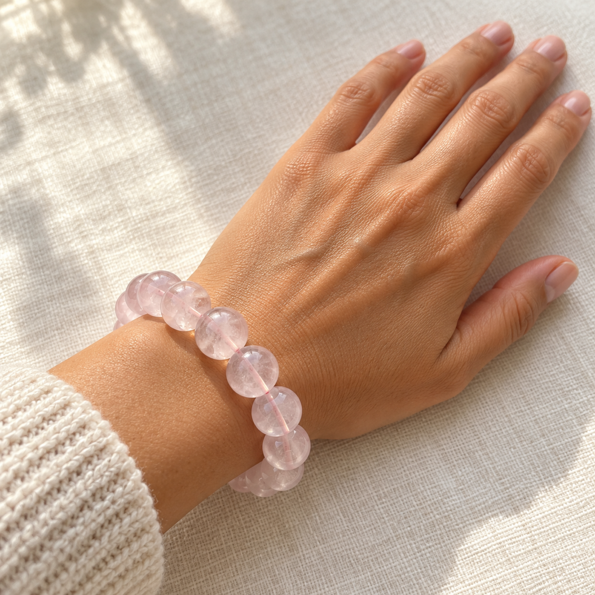 Rose Quartz Bracelet — on the wrist