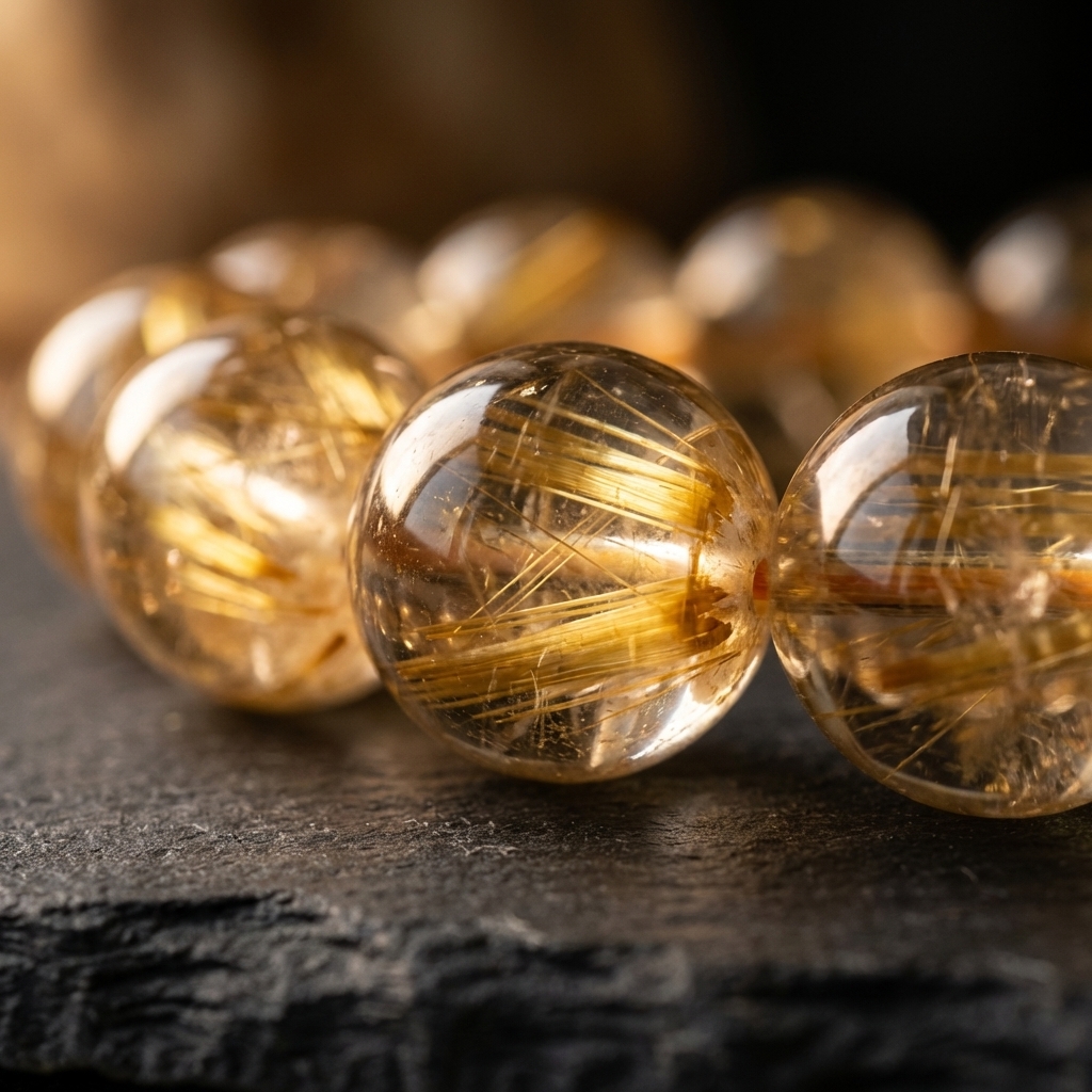 Golden rutilated quartz bead macro