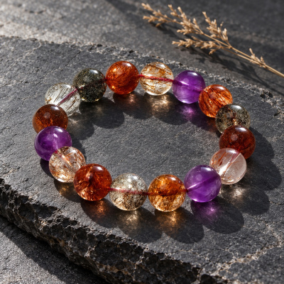 Super seven bracelet on a dark stone slab