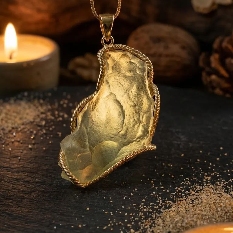Pale Libyan Desert Glass pendant with a chain