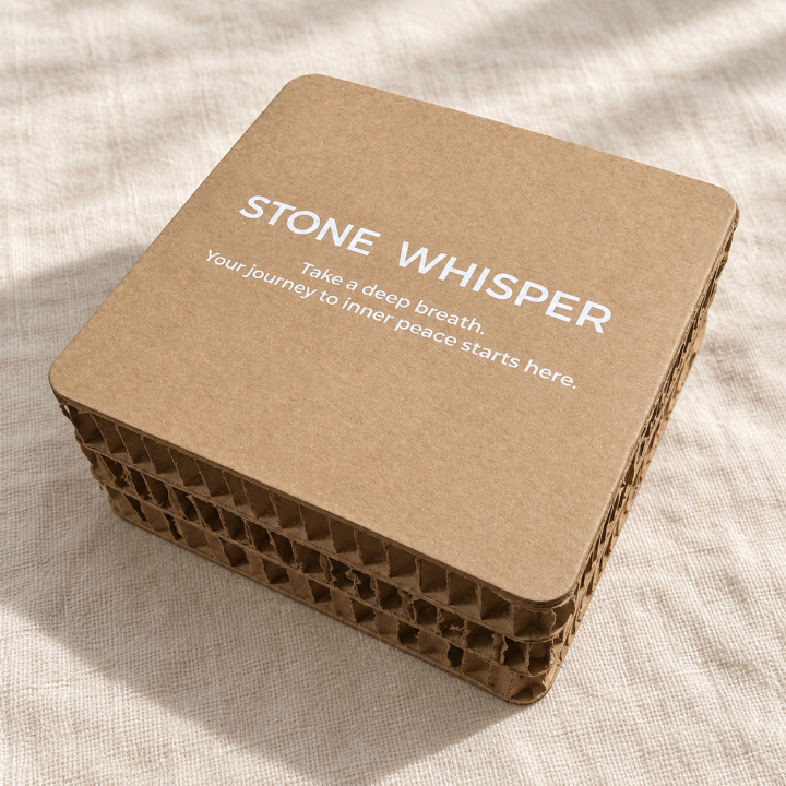 Stone Whisper kraft gift box with white lettering