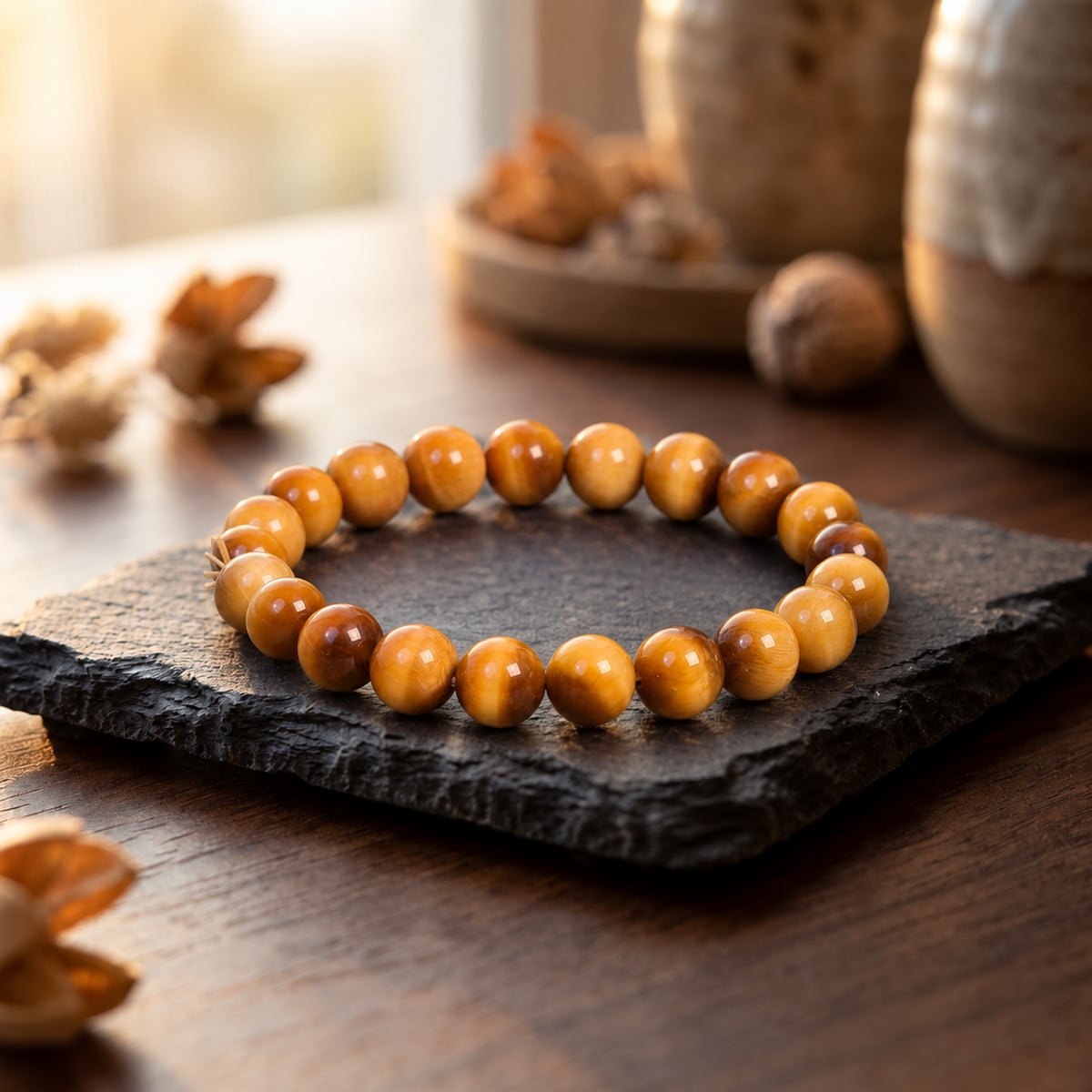 Golden Tiger Eye Bracelet, 8.3–8.8mm beads, styled on slate in warm window light