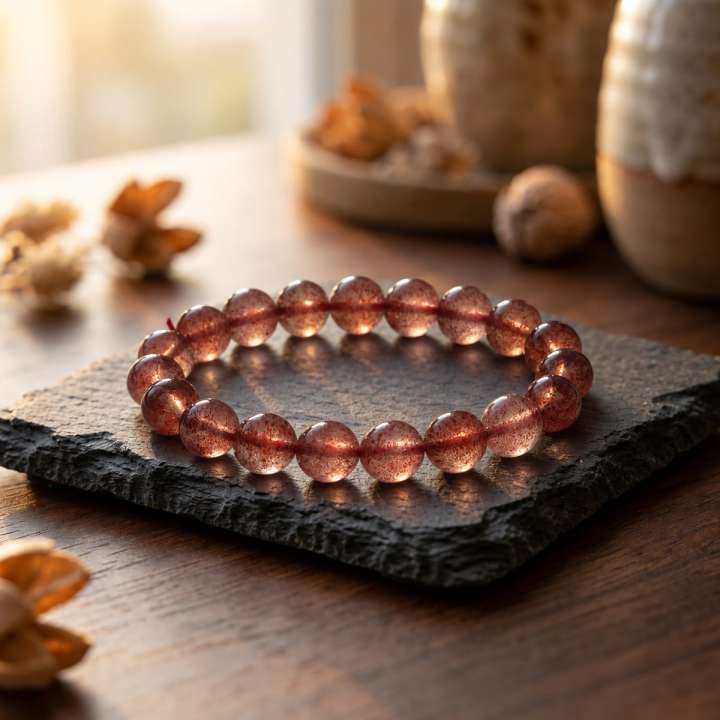 Strawberry Quartz Bracelet, 8.5–8.7mm beads, styled on slate in warm window light