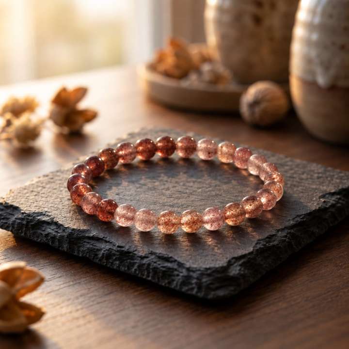 Strawberry Quartz Bracelet, 6–6.4mm beads, styled on slate in warm window light