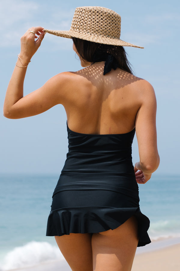 Halter Neck Ruched Tummy Control Tankini Swimskirt Set