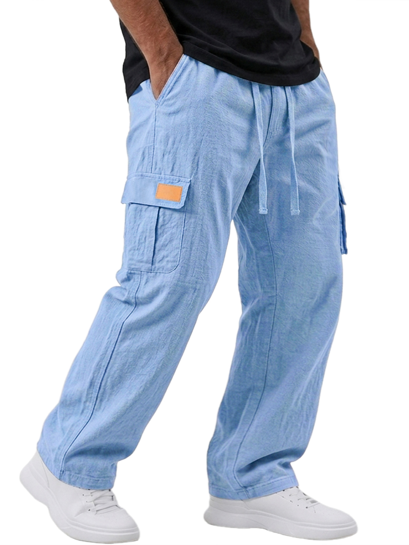 Men's Cotton And Linen Embroidered Label Casual Loose Trousers