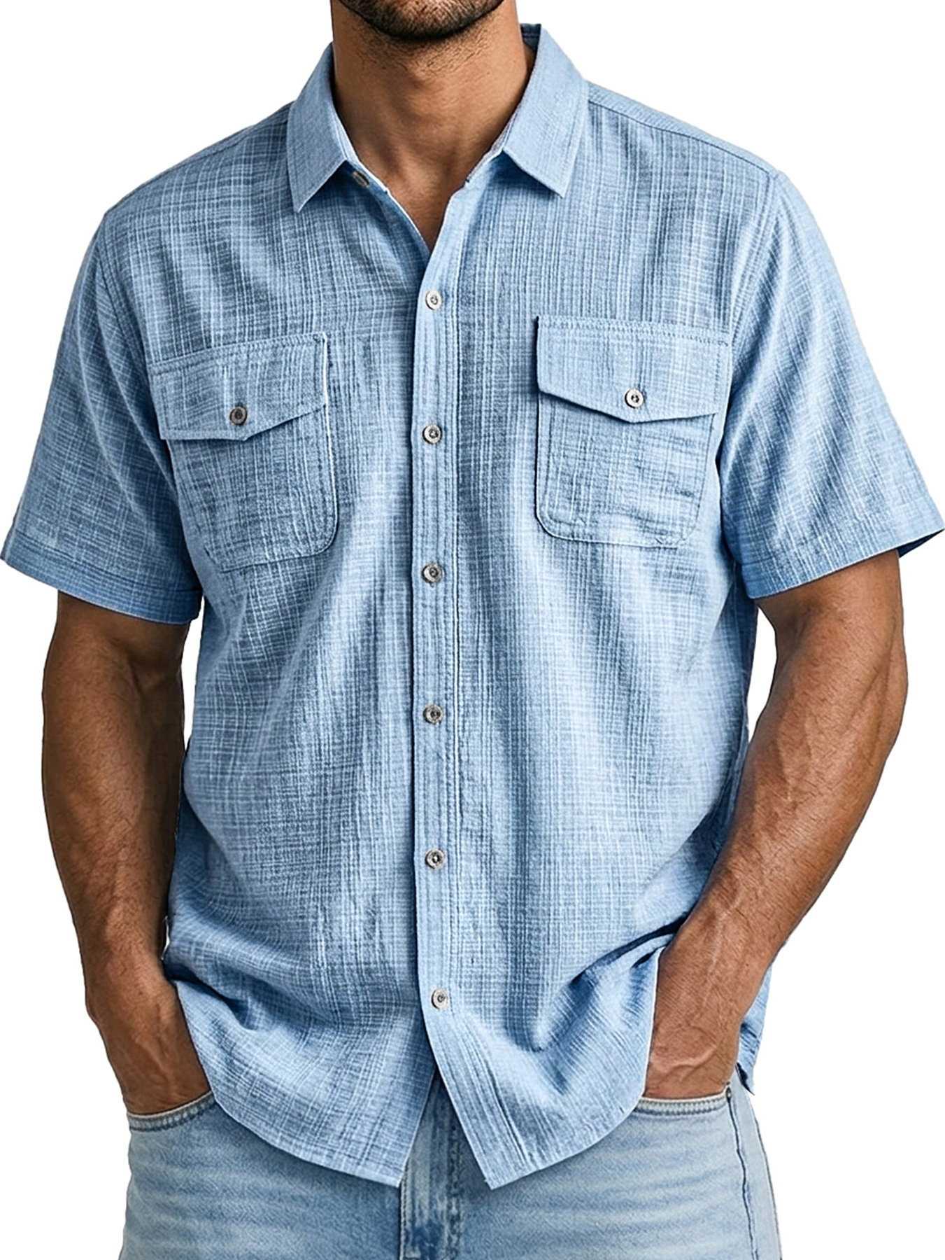 Men's Casual Bamboo-Style Linen Multi-Pocket Work Shirt