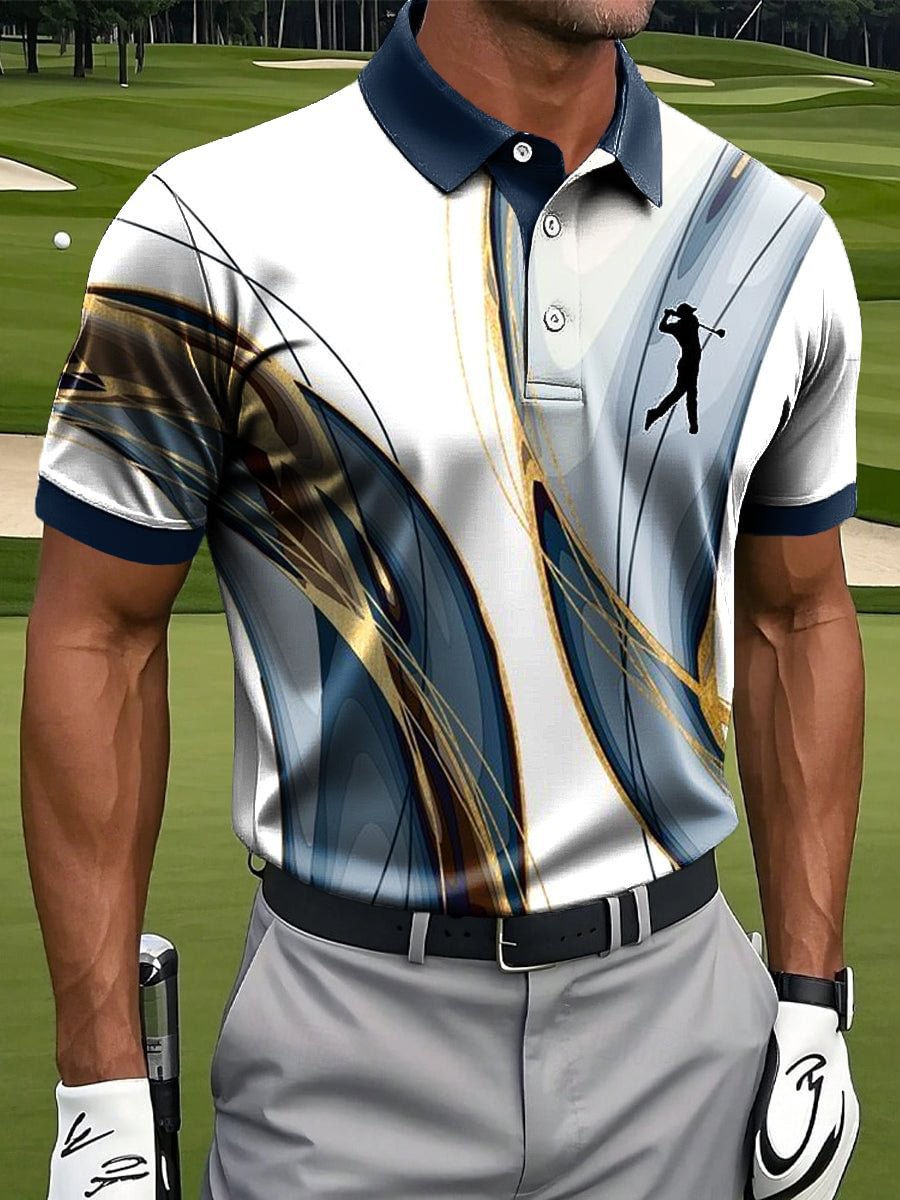 Men's Retro Art Line Ripple Print Casual Business Polo Shirt