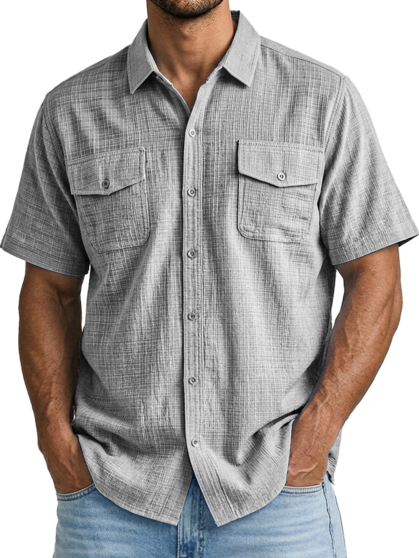 Men's Casual Bamboo-Style Linen Multi-Pocket Work Shirt