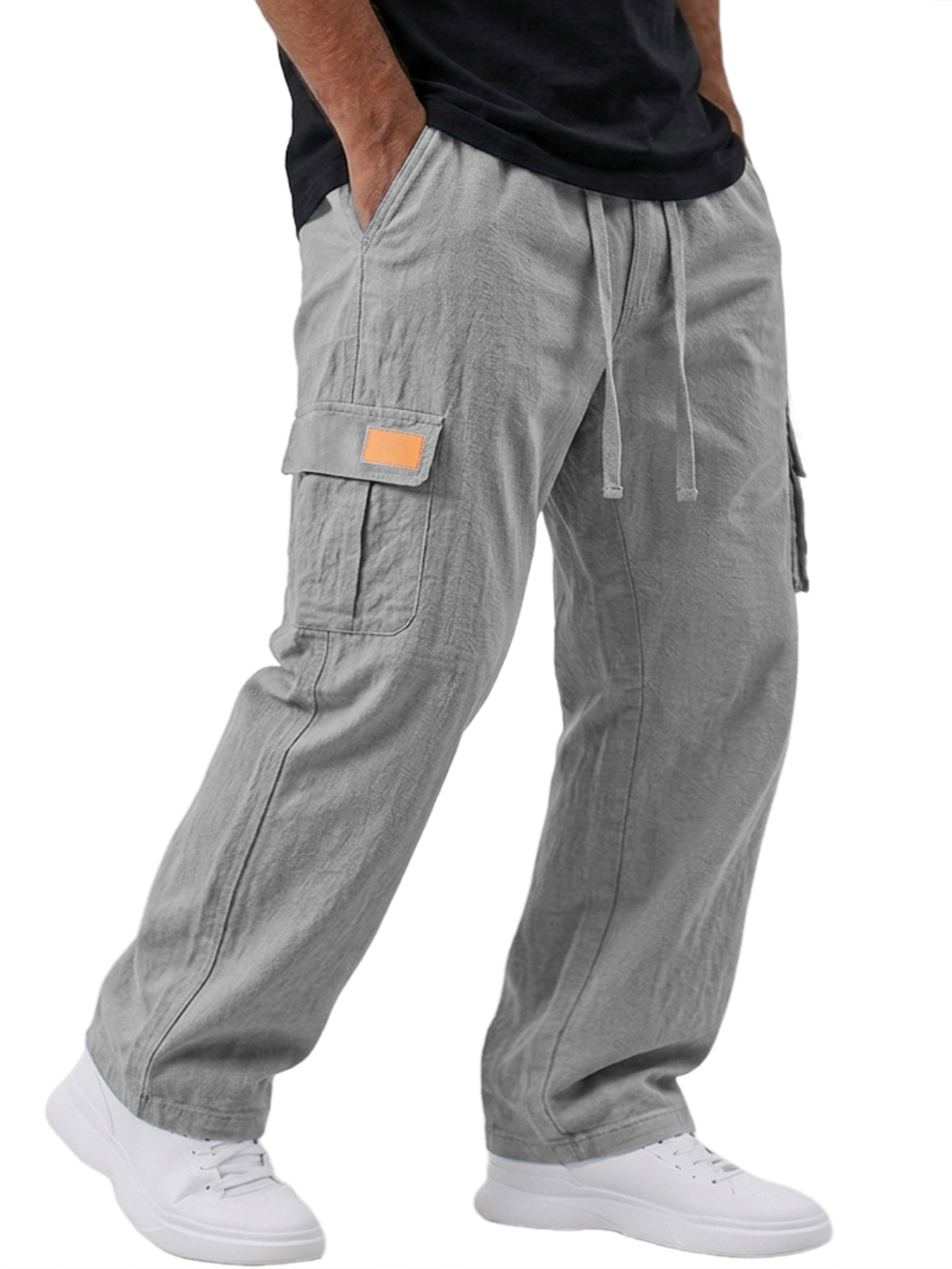 Men's Cotton And Linen Embroidered Label Casual Loose Trousers
