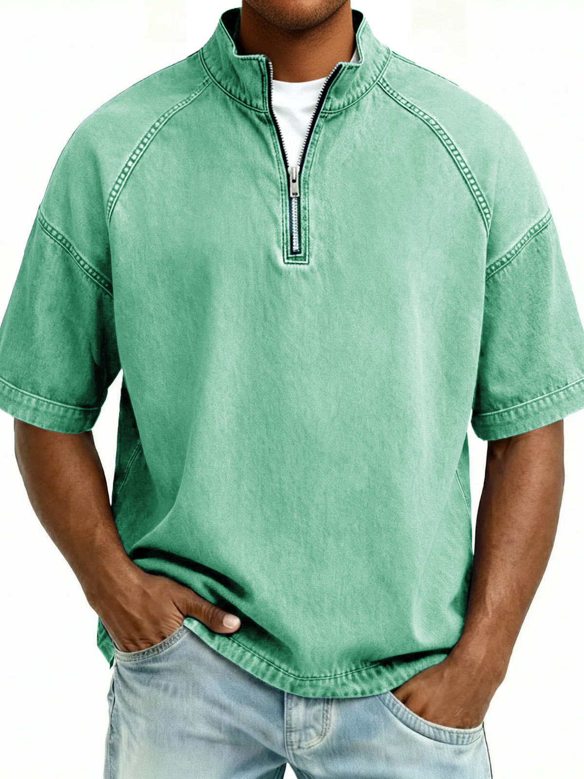 Men's Retro Distressed Stand Collar Zipper Short-Sleeve Top