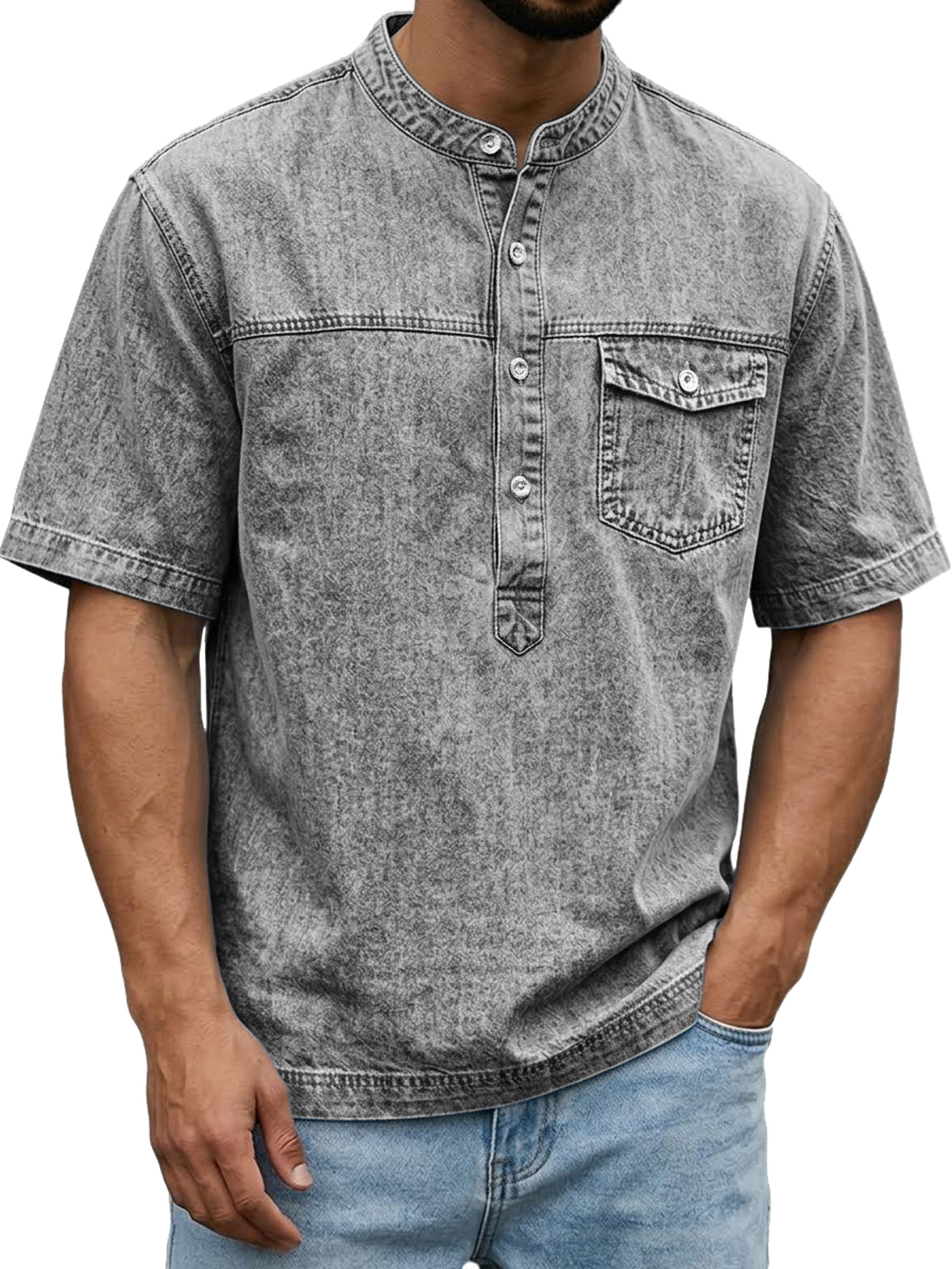 Men's Retro Pocket Casual Workwear Henley Shirt