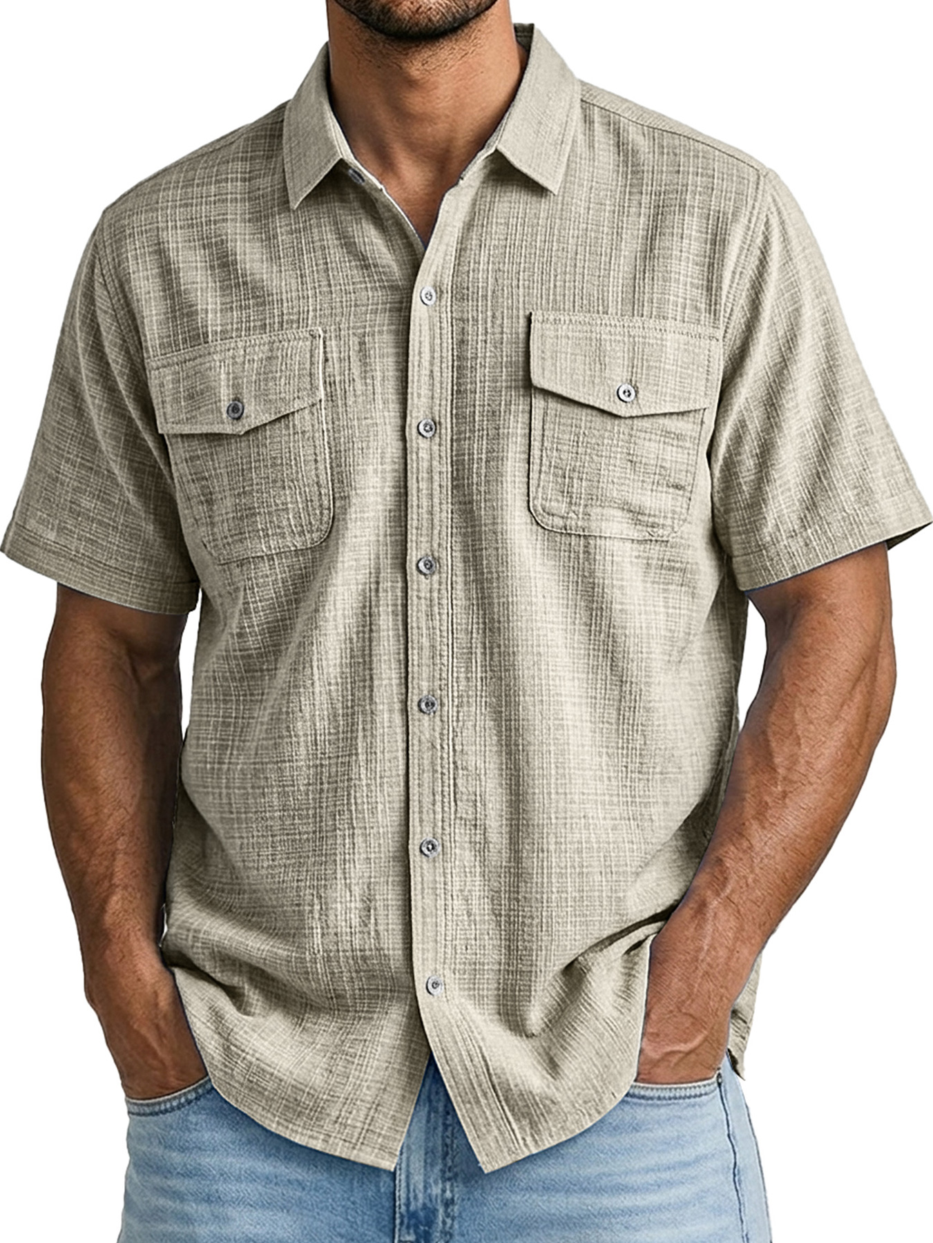 Men's Casual Bamboo-Style Linen Multi-Pocket Work Shirt