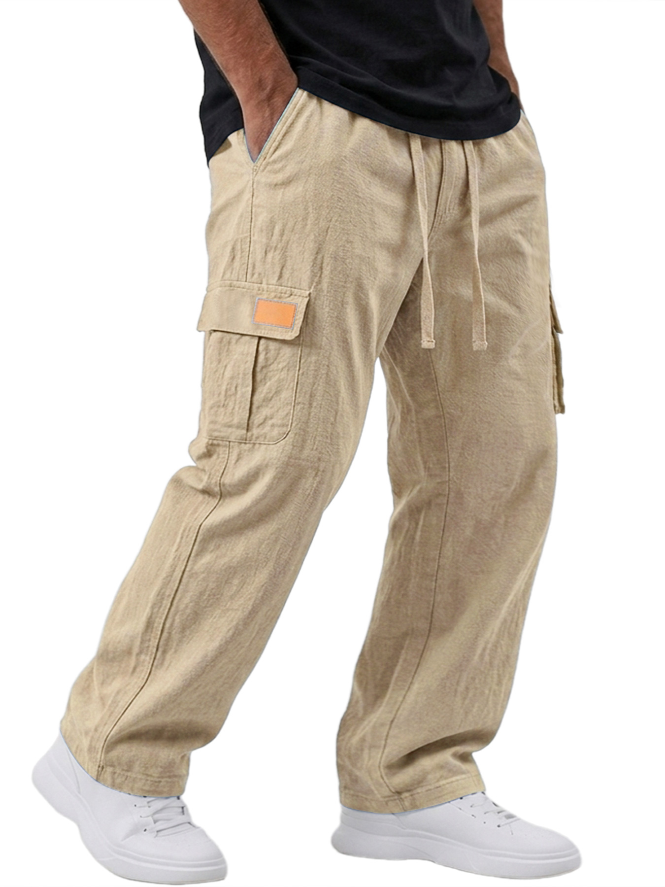 Men's Cotton And Linen Embroidered Label Casual Loose Trousers