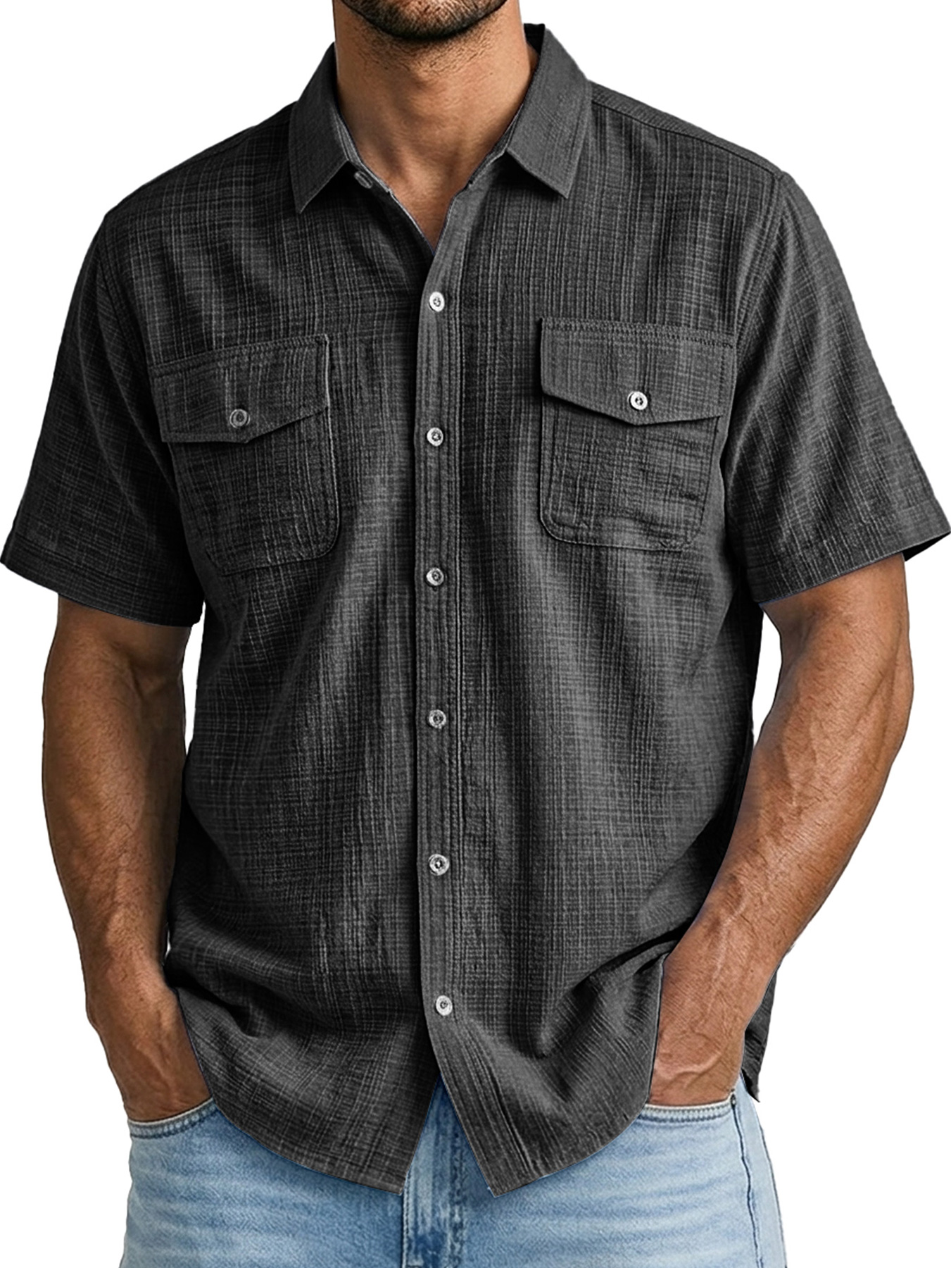 Men's Casual Bamboo-Style Linen Multi-Pocket Work Shirt