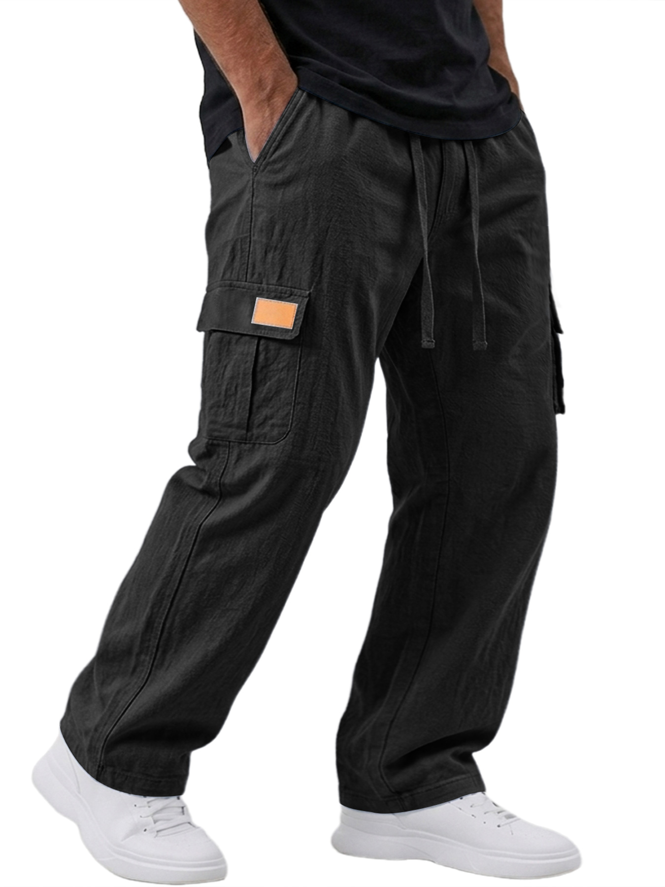 Men's Cotton And Linen Embroidered Label Casual Loose Trousers