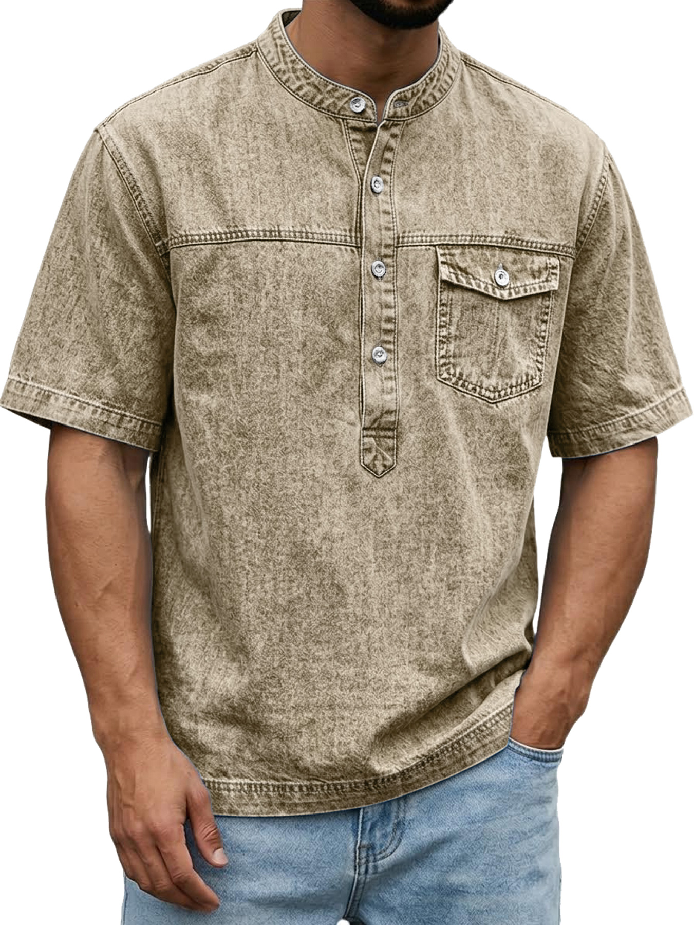 Men's Retro Pocket Casual Workwear Henley Shirt