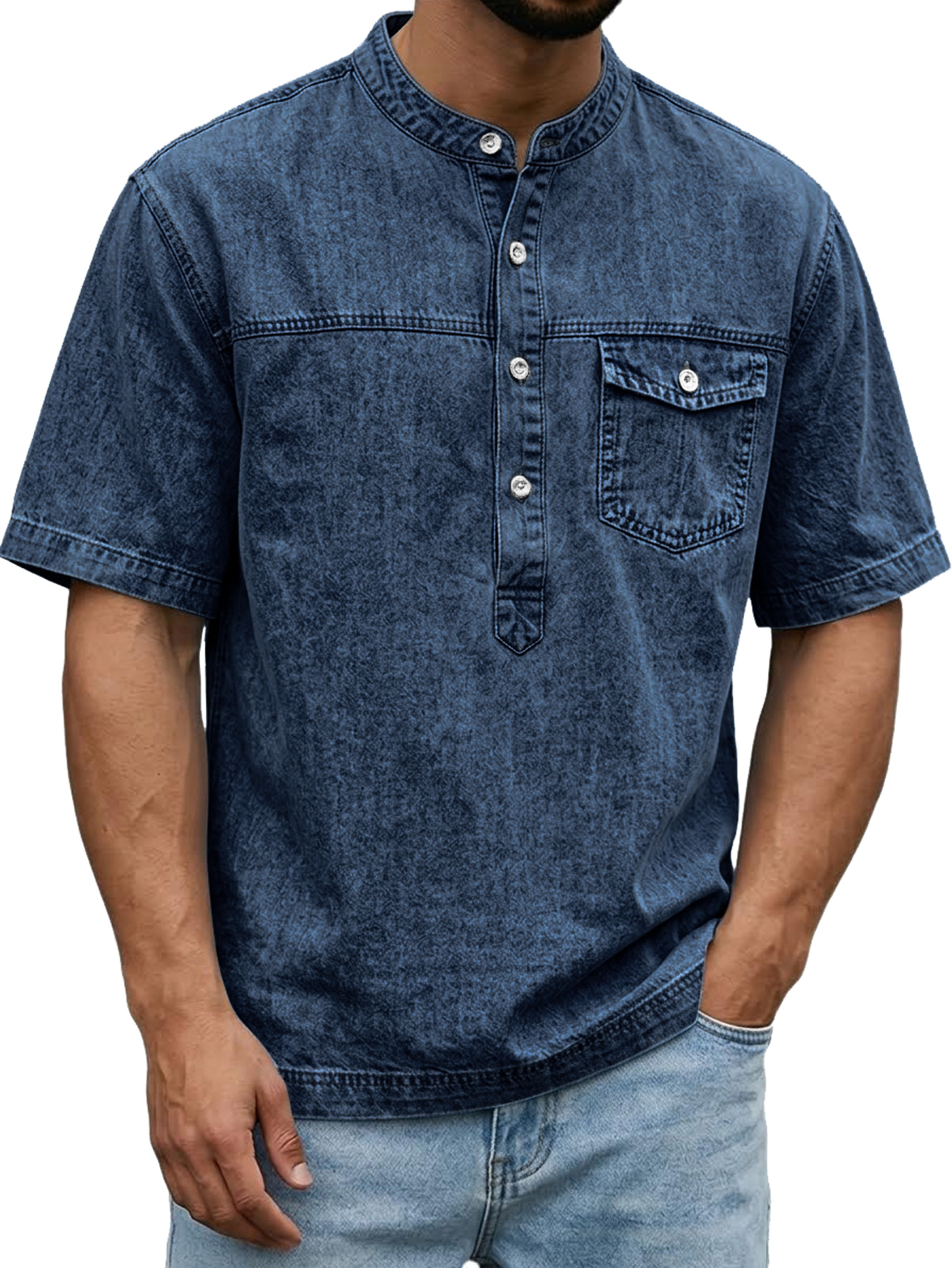 Men's Retro Pocket Casual Workwear Henley Shirt