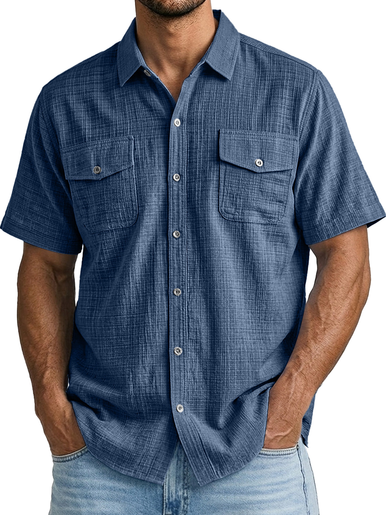 Men's Casual Bamboo-Style Linen Multi-Pocket Work Shirt