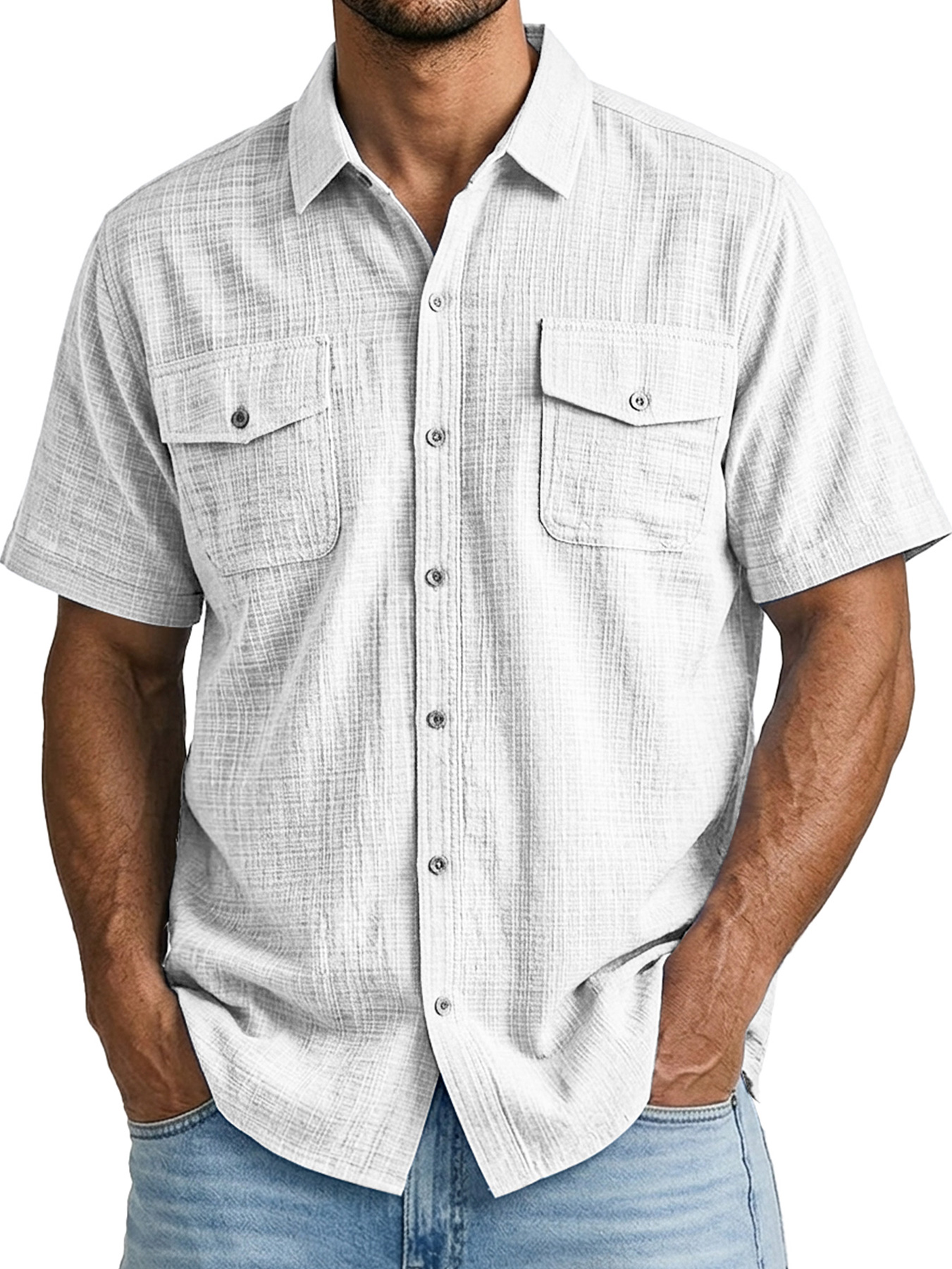 Men's Casual Bamboo-Style Linen Multi-Pocket Work Shirt