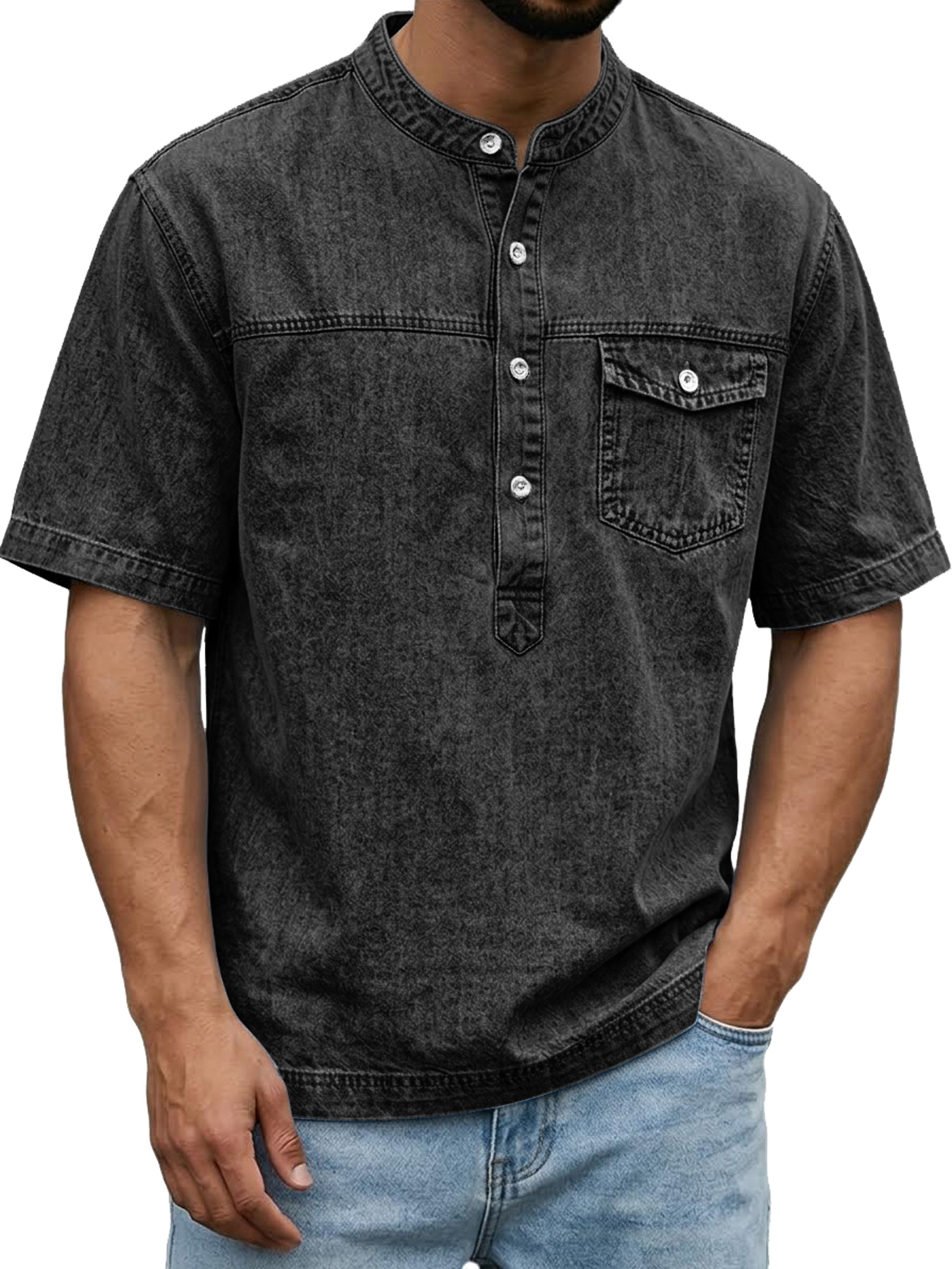 Men's Retro Pocket Casual Workwear Henley Shirt