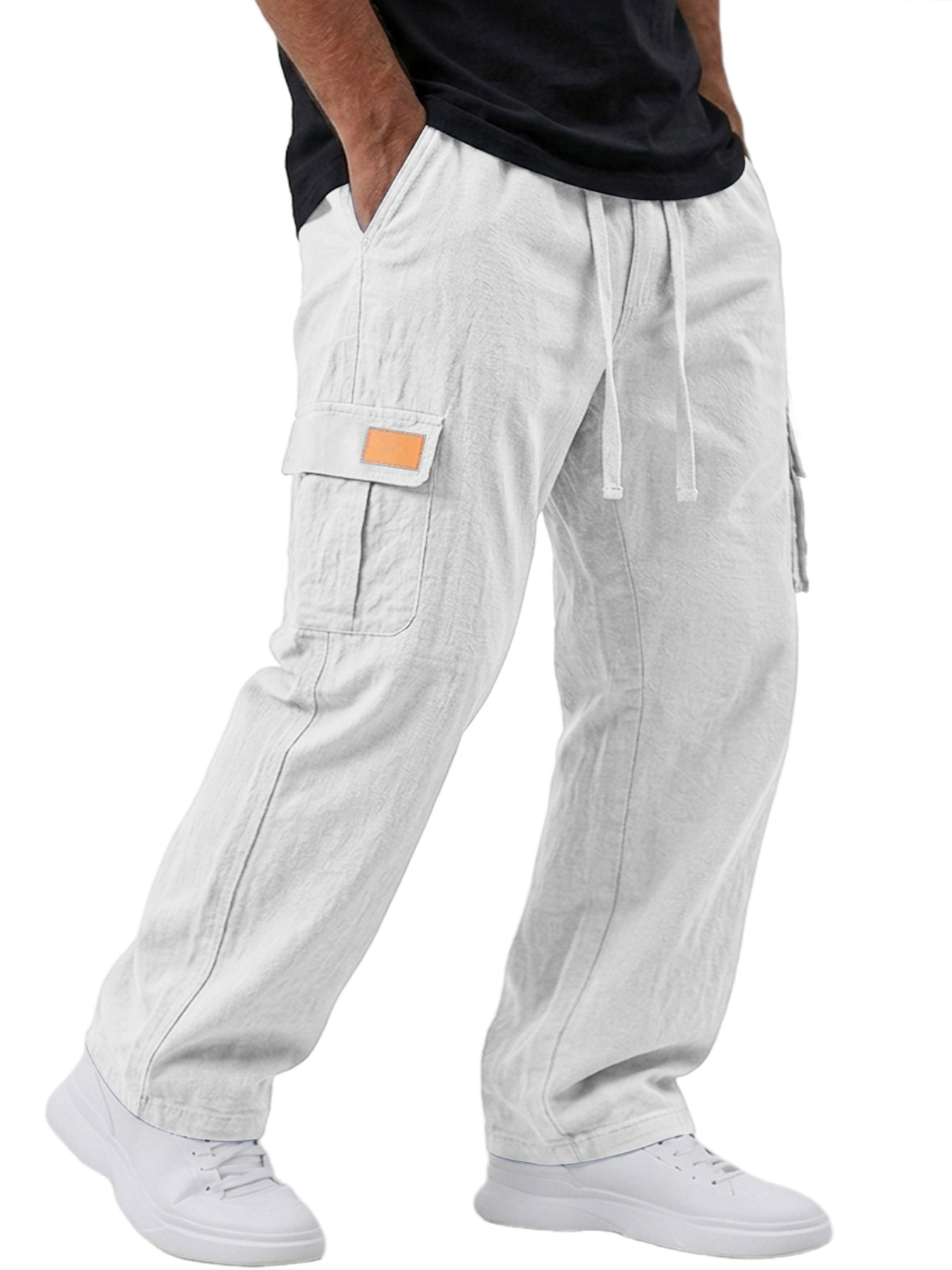 Men's Cotton And Linen Embroidered Label Casual Loose Trousers