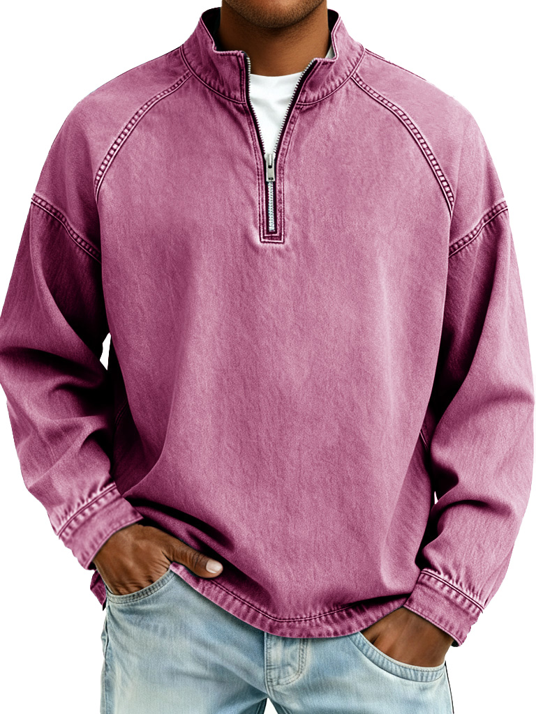 Men's Retro Denim Fashion Distressed Raglan Sleeve Stand Collar Long Sleeve Top
