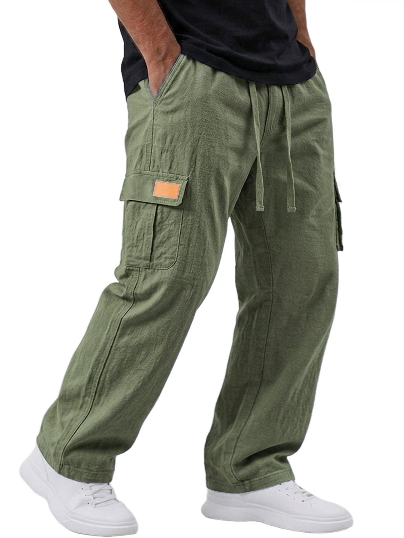 Men's Cotton And Linen Embroidered Label Casual Loose Trousers