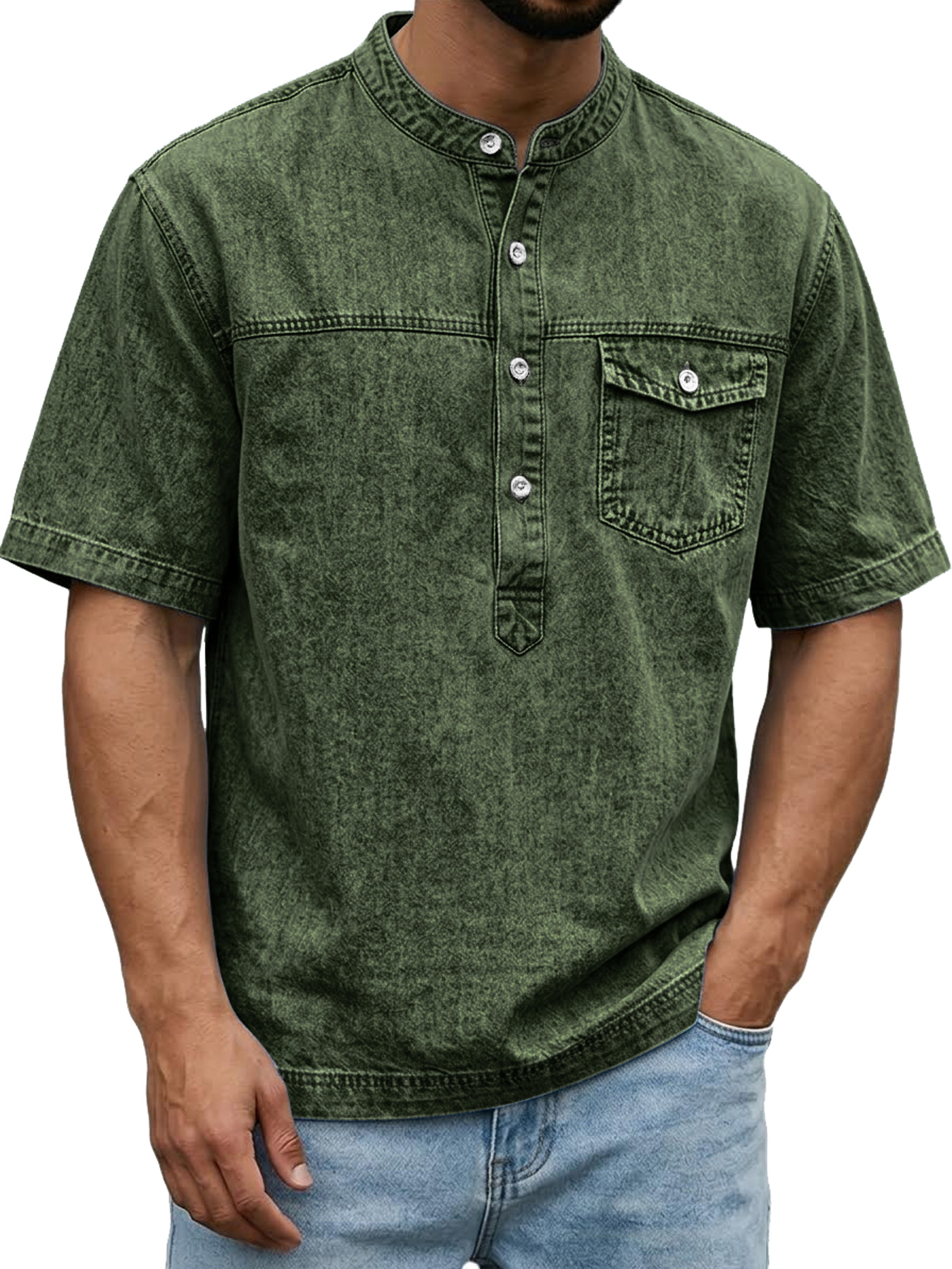 Men's Retro Pocket Casual Workwear Henley Shirt