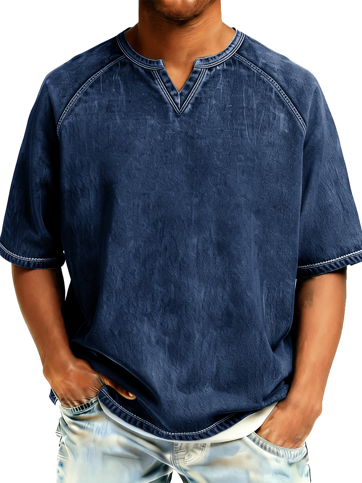 Men's Retro Distressed Raglan V-Neck Short-Sleeve T-Shirt