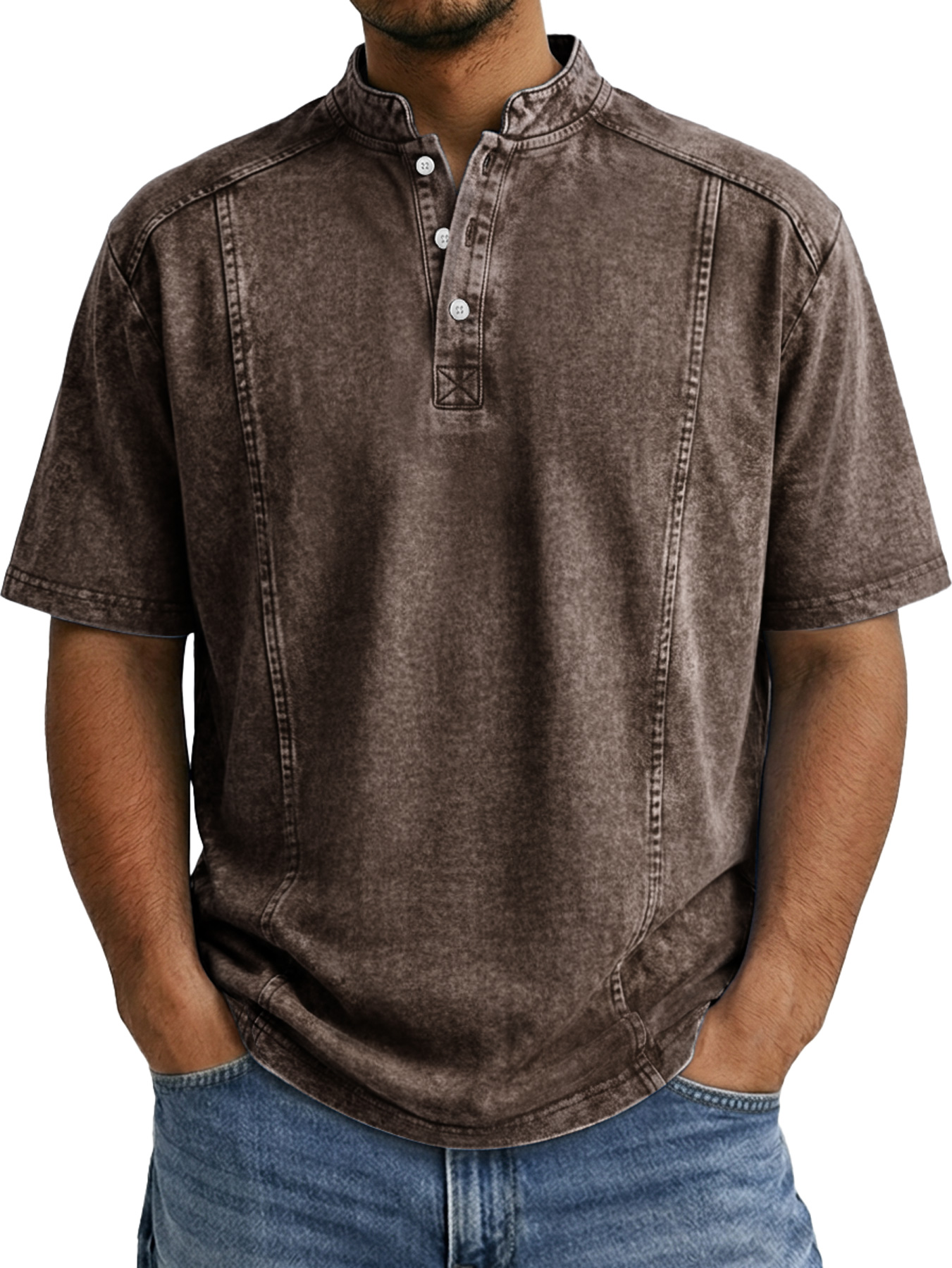 Men's Retro Deconstructed Stand Collar Casual Short Sleeve Henley Shirt