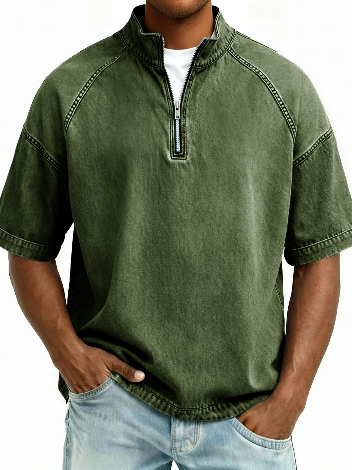 Men's Retro Distressed Stand Collar Zipper Short-Sleeve Top