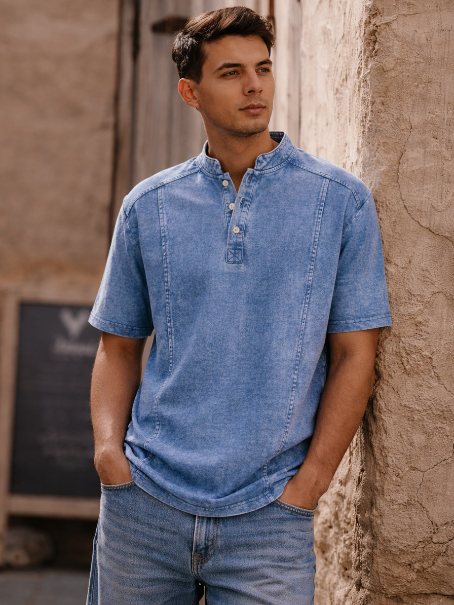 Men's Retro Deconstructed Stand Collar Casual Short Sleeve Henley Shirt