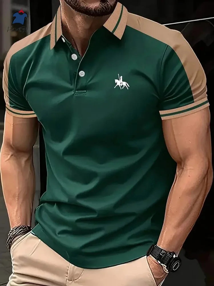 2025 Summer New Men's Casual Short-Sleeved Polo Shirt Patchwork Fashion Striped Printed T-shirt Men's Sportswear Men's Wear