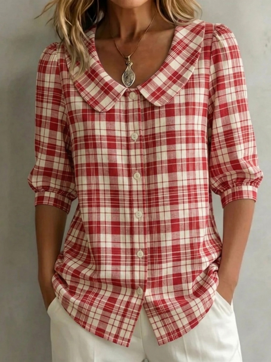 New Arrival 🔥 Women's Classic Vintage Checkered Cotton Linen Blouse
