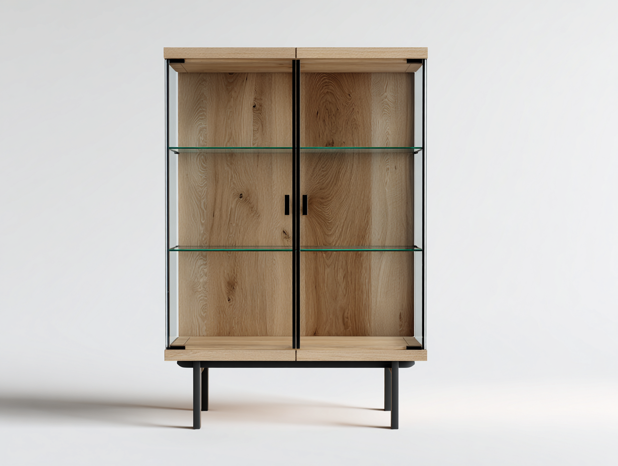 Vitrina de madera y vidrio con estructura metálica 90x40x150 cm - madera natural - diseño moderno para salón-Nookmyhaus