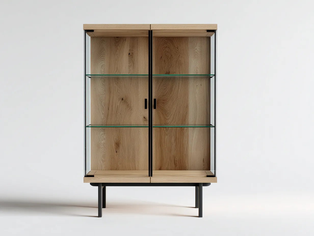 Vitrina de madera y vidrio con estructura metálica 90x40x150 cm - madera natural - diseño moderno para salón-Nookmyhaus