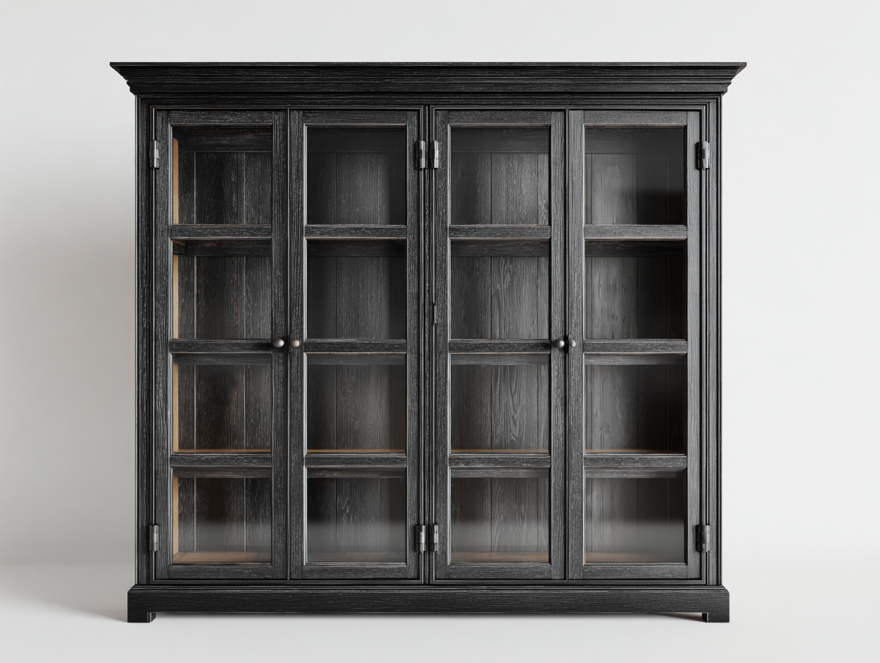 Vitrina de madera con puertas de vidrio 180x45x200 cm - negro envejecido - diseño clásico para salón-Nookmyhaus