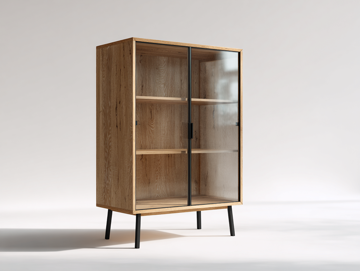 Vitrina de madera con puertas de vidrio y base elevada 90x40x150 cm - madera natural-negro - diseño moderno y exhibición elegante-Nookmyhaus