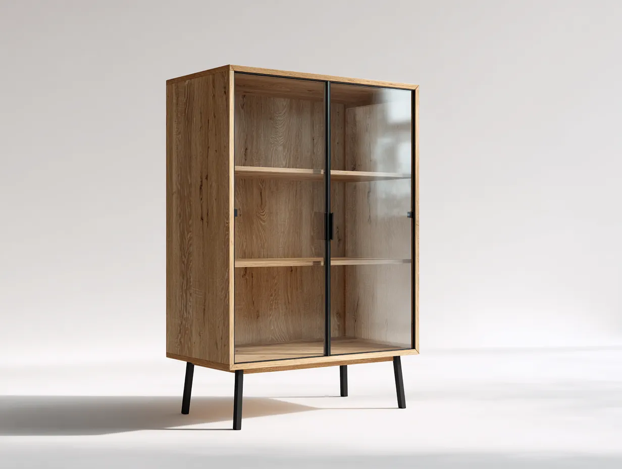 Vitrina de madera con puertas de vidrio y base elevada 90x40x150 cm - madera natural-negro - diseño moderno y exhibición elegante-Nookmyhaus