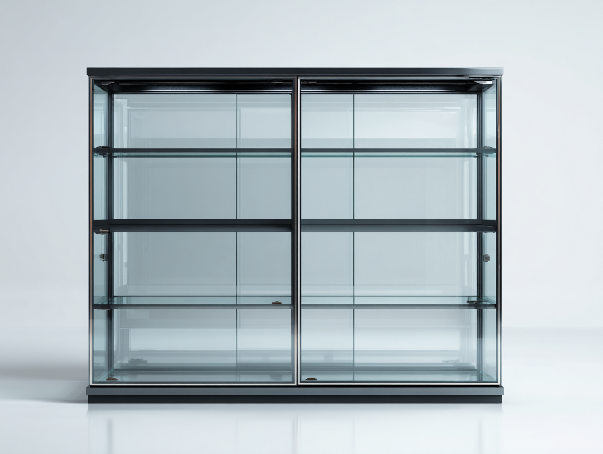 Vitrina con estructura metálica y paneles de vidrio 180x45x150 cm - negro-transparente - diseño moderno y exhibición minimalista-Nookmyhaus